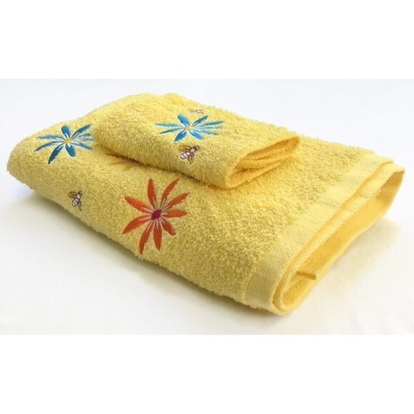 Vintage Honeybee & Flower Embroidered Towel Set 2 Pc Washcloth & Bath Yellow Bee - Picture 9 of 9